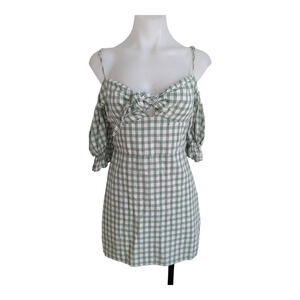 léRumi Size Small Mia Mini Sheath Dress Green White Cotton Gingham Off Shoulder